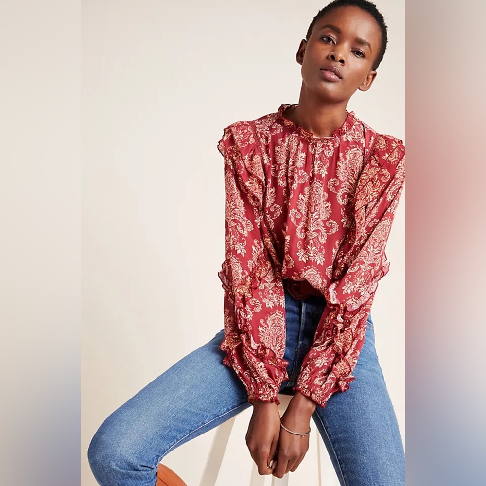Anthropologie Seen Worn Kept Evanne Ruffled Blouse Red Size 8